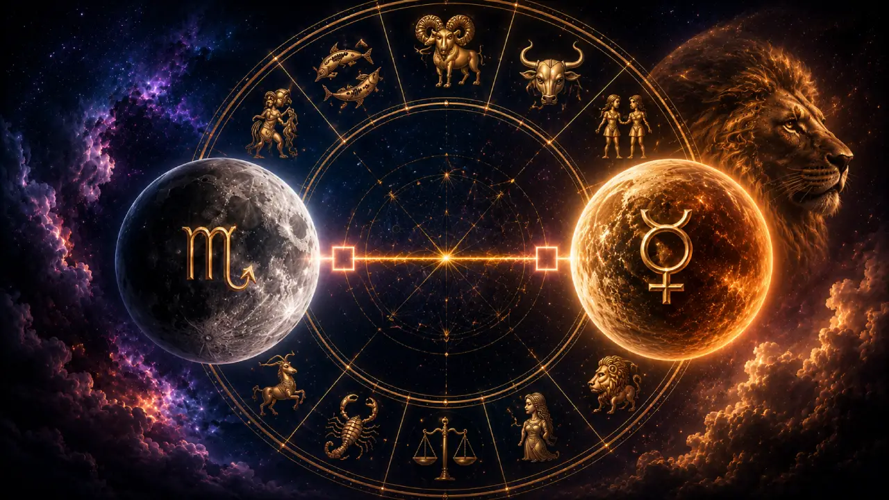Imagem ilustrativa do horóscopo do dia 19/08/2026, representando a quadratura entre Lua em Escorpião e Mercúrio em Leão, com roda zodiacal e os 12 signos.