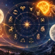 Imagem ilustrativa do horóscopo do dia 22/08/2026, com roda zodiacal, transição da Lua entre Sagitário e Capricórnio e referência ao fim da passagem do Sol por Leão