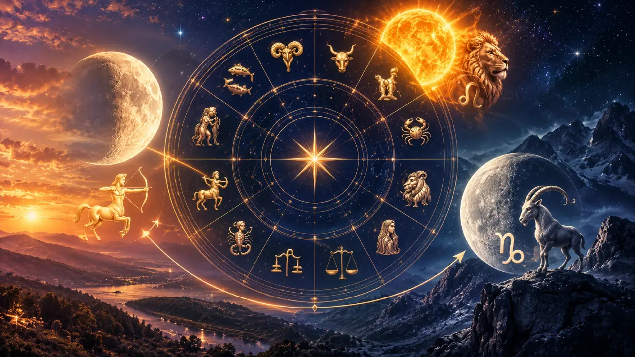 Imagem ilustrativa do horóscopo do dia 22/08/2026, com roda zodiacal, transição da Lua entre Sagitário e Capricórnio e referência ao fim da passagem do Sol por Leão