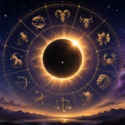 Imagem ilustrativa do horóscopo semanal de 10 a 16 de agosto de 2026, com eclipse solar, céu estrelado e símbolos dos signos do zodíaco