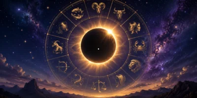 Imagem ilustrativa do horóscopo semanal de 10 a 16 de agosto de 2026, com eclipse solar, céu estrelado e símbolos dos signos do zodíaco