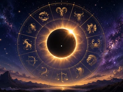 Imagem ilustrativa do horóscopo semanal de 10 a 16 de agosto de 2026, com eclipse solar, céu estrelado e símbolos dos signos do zodíaco