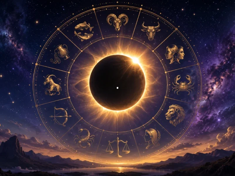 Imagem ilustrativa do horóscopo semanal de 10 a 16 de agosto de 2026, com eclipse solar, céu estrelado e símbolos dos signos do zodíaco