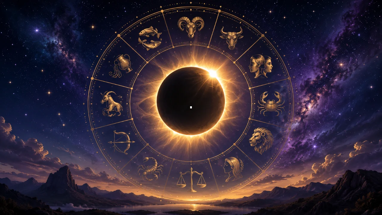 Imagem ilustrativa do horóscopo semanal de 10 a 16 de agosto de 2026, com eclipse solar, céu estrelado e símbolos dos signos do zodíaco