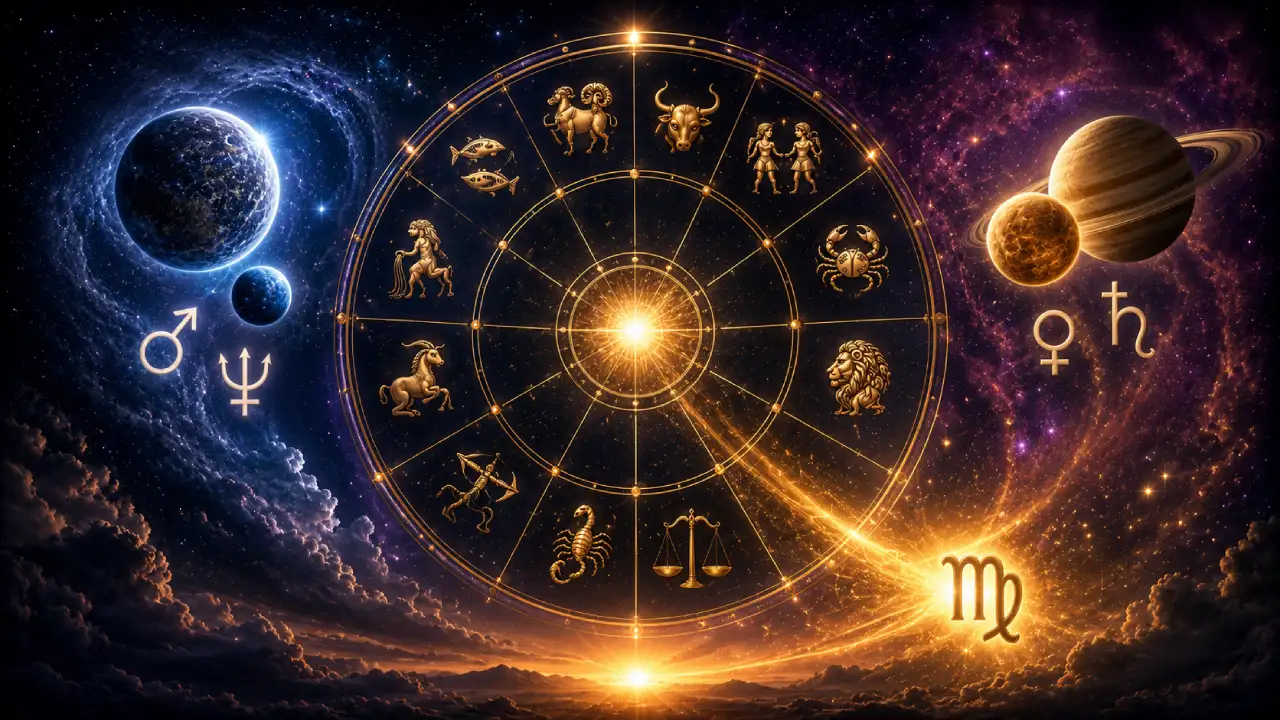 Imagem ilustrativa do horóscopo semanal de 17 a 23 de agosto de 2026, com roda zodiacal e referências simbólicas aos principais movimentos astrológicos da semana Imagem ilustrativa do horóscopo semanal de 17 a 23 de agosto de 2026, com roda zodiacal e referências simbólicas aos principais movimentos astrológicos da semana