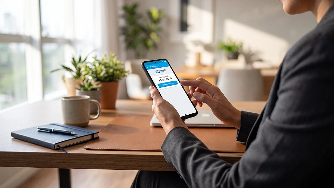 Empréstimo sem burocracias: pessoa solicita crédito rápido e prático pelo celular em plataforma digital.
