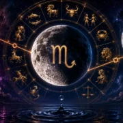Imagem ilustrativa sobre a passagem da Lua por Escorpião em agosto de 2026, com Lua, roda zodiacal, símbolo de Escorpião e referências discretas aos aspectos com Marte e Júpiter