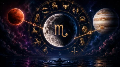 Imagem ilustrativa sobre a passagem da Lua por Escorpião em agosto de 2026, com Lua, roda zodiacal, símbolo de Escorpião e referências discretas aos aspectos com Marte e Júpiter