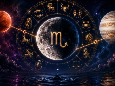 Imagem ilustrativa sobre a passagem da Lua por Escorpião em agosto de 2026, com Lua, roda zodiacal, símbolo de Escorpião e referências discretas aos aspectos com Marte e Júpiter