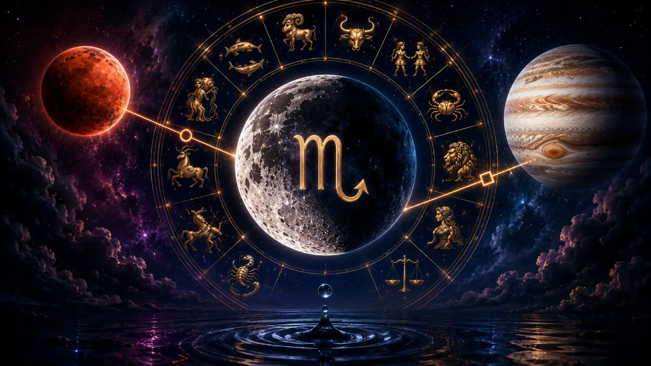 Imagem ilustrativa sobre a passagem da Lua por Escorpião em agosto de 2026, com Lua, roda zodiacal, símbolo de Escorpião e referências discretas aos aspectos com Marte e Júpiter Imagem ilustrativa sobre a passagem da Lua por Escorpião em agosto de 2026, com Lua, roda zodiacal, símbolo de Escorpião e referências discretas aos aspectos com Marte e Júpiter