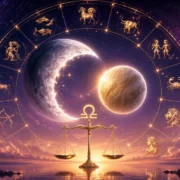 Imagem ilustrativa em 16:9 sobre a conjunção entre Lua e Vênus em Libra, com os dois corpos celestes próximos, símbolo da balança em destaque e roda zodiacal com os 12 signos