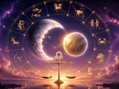 Imagem ilustrativa em 16:9 sobre a conjunção entre Lua e Vênus em Libra, com os dois corpos celestes próximos, símbolo da balança em destaque e roda zodiacal com os 12 signos