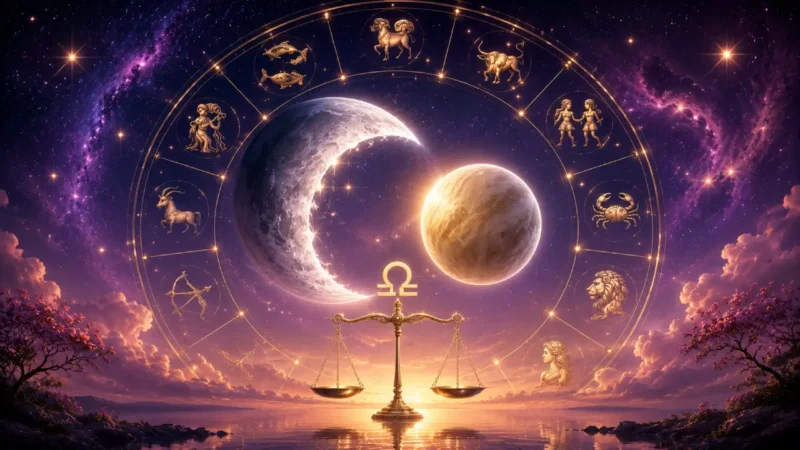 Imagem ilustrativa em 16:9 sobre a conjunção entre Lua e Vênus em Libra, com os dois corpos celestes próximos, símbolo da balança em destaque e roda zodiacal com os 12 signos