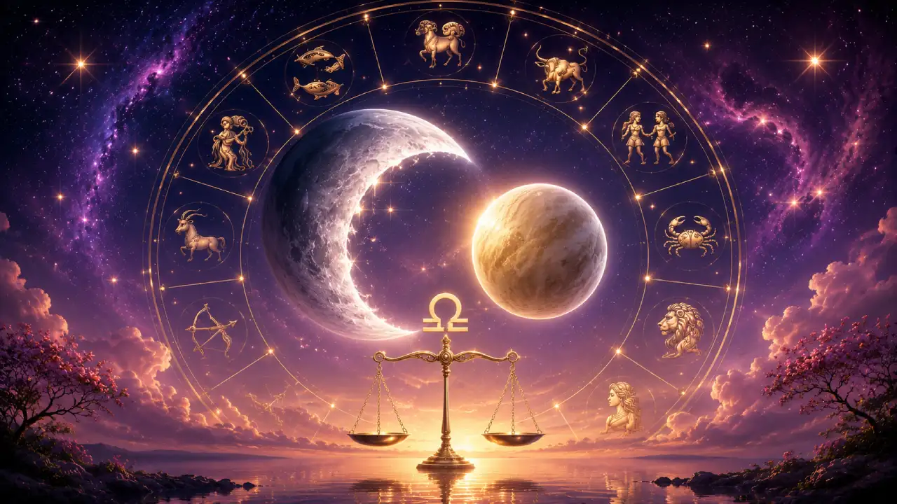 Imagem ilustrativa em 16:9 sobre a conjunção entre Lua e Vênus em Libra, com os dois corpos celestes próximos, símbolo da balança em destaque e roda zodiacal com os 12 signos Imagem ilustrativa em 16:9 sobre a conjunção entre Lua e Vênus em Libra, com os dois corpos celestes próximos, símbolo da balança em destaque e roda zodiacal com os 12 signos