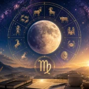 Imagem ilustrativa sobre a entrada da Lua em Virgem em 13 de agosto de 2026, com Lua, símbolo virginiano, roda zodiacal e atmosfera ligada a organização e clareza