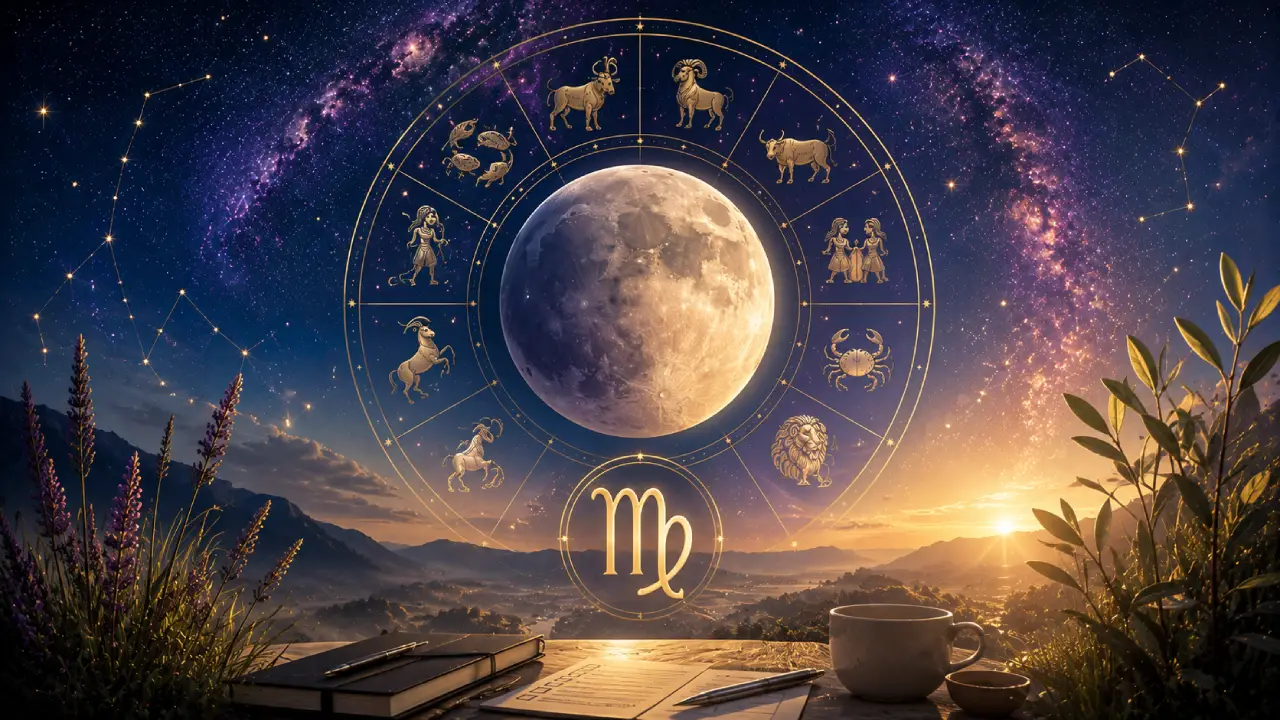 Imagem ilustrativa sobre a entrada da Lua em Virgem em 13 de agosto de 2026, com Lua, símbolo virginiano, roda zodiacal e atmosfera ligada a organização e clareza