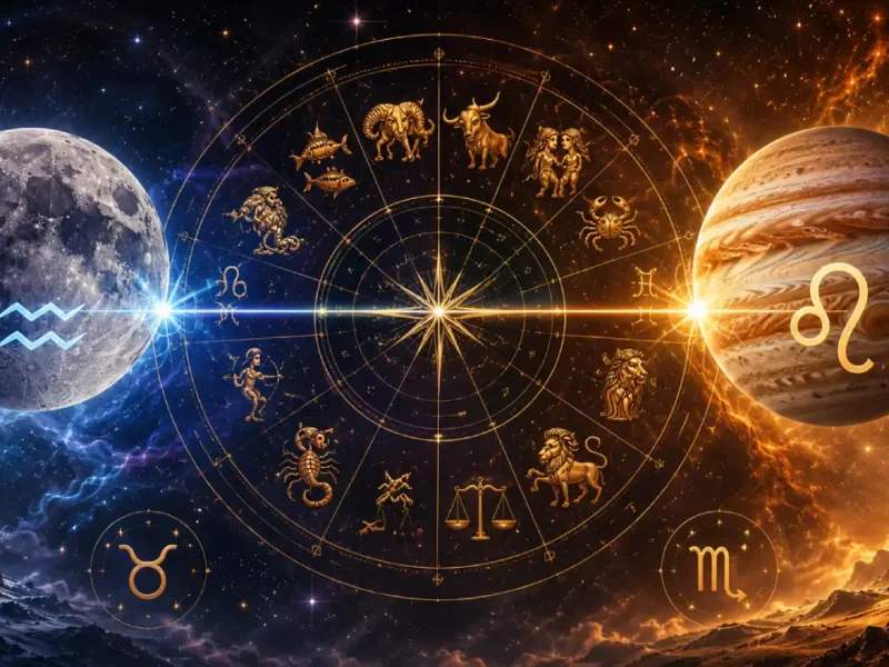 Lua oposta a Júpiter em 26 de agosto de 2026 com Aquário e Leão em destaque