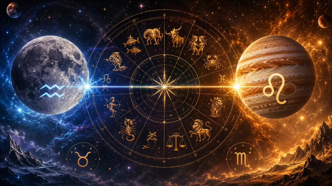 Lua oposta a Júpiter em 26 de agosto de 2026 com Aquário e Leão em destaque