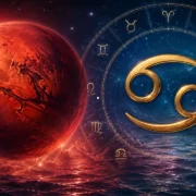 Imagem ilustrativa sobre Marte em Câncer em 2026, com representação do planeta Marte, símbolo de Câncer e referências aos 12 signos do zodíaco
