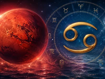 Imagem ilustrativa sobre Marte em Câncer em 2026, com representação do planeta Marte, símbolo de Câncer e referências aos 12 signos do zodíaco
