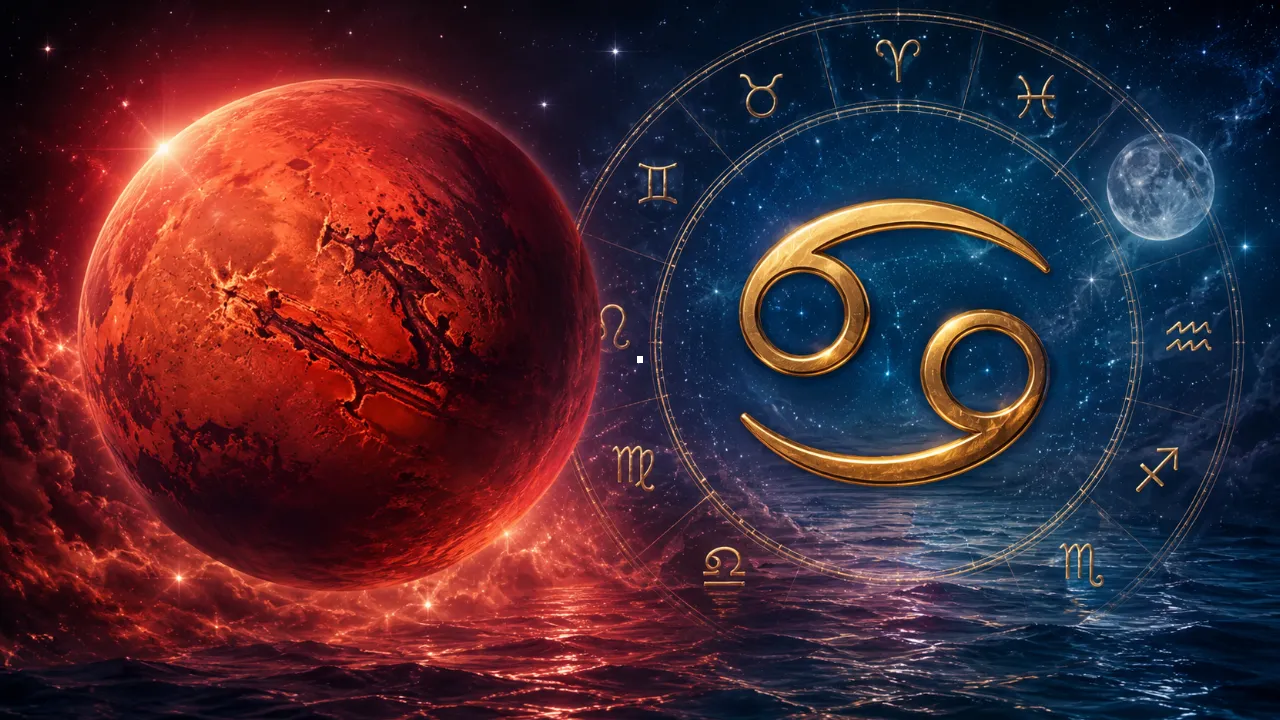 Imagem ilustrativa sobre Marte em Câncer em 2026, com representação do planeta Marte, símbolo de Câncer e referências aos 12 signos do zodíaco