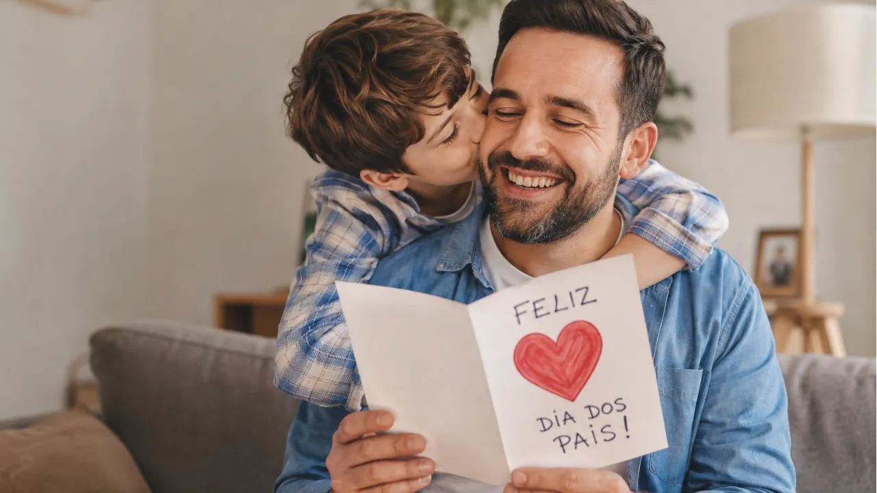 Imagem ilustrativa de pai e filho em momento de afeto para reportagem com mensagens e frases de Feliz Dia dos Pais Imagem ilustrativa de pai e filho em momento de afeto para reportagem com mensagens e frases de Feliz Dia dos Pais