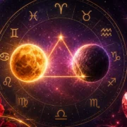 Imagem ilustrativa sobre a passagem de Mercúrio por Leão em agosto de 2026, com representação celestial de Mercúrio, símbolo leonino e referências aos signos do zodíaco