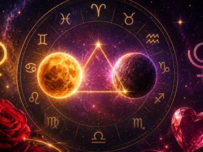 Imagem ilustrativa sobre a passagem de Mercúrio por Leão em agosto de 2026, com representação celestial de Mercúrio, símbolo leonino e referências aos signos do zodíaco