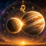 Imagem ilustrativa da aproximação entre Mercúrio e Júpiter em Leão, com os dois planetas, roda zodiacal e referências aos signos fixos Leão, Touro, Escorpião e Aquário