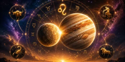 Imagem ilustrativa da aproximação entre Mercúrio e Júpiter em Leão, com os dois planetas, roda zodiacal e referências aos signos fixos Leão, Touro, Escorpião e Aquário