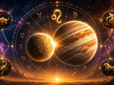 Imagem ilustrativa da aproximação entre Mercúrio e Júpiter em Leão, com os dois planetas, roda zodiacal e referências aos signos fixos Leão, Touro, Escorpião e Aquário