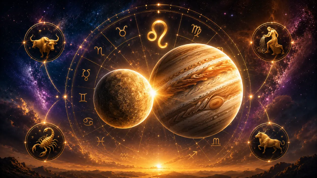 Imagem ilustrativa da aproximação entre Mercúrio e Júpiter em Leão, com os dois planetas, roda zodiacal e referências aos signos fixos Leão, Touro, Escorpião e Aquário