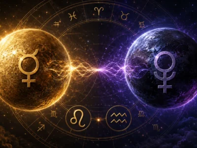 Imagem ilustrativa sobre Mercúrio oposto a Plutão em 12 de agosto de 2026, com representação dos dois astros, roda zodiacal e elementos que simbolizam comunicação e oposição