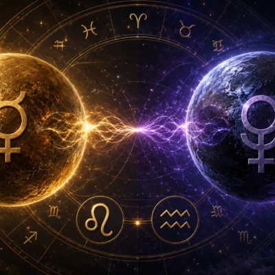 Imagem ilustrativa sobre Mercúrio oposto a Plutão em 12 de agosto de 2026, com representação dos dois astros, roda zodiacal e elementos que simbolizam comunicação e oposição