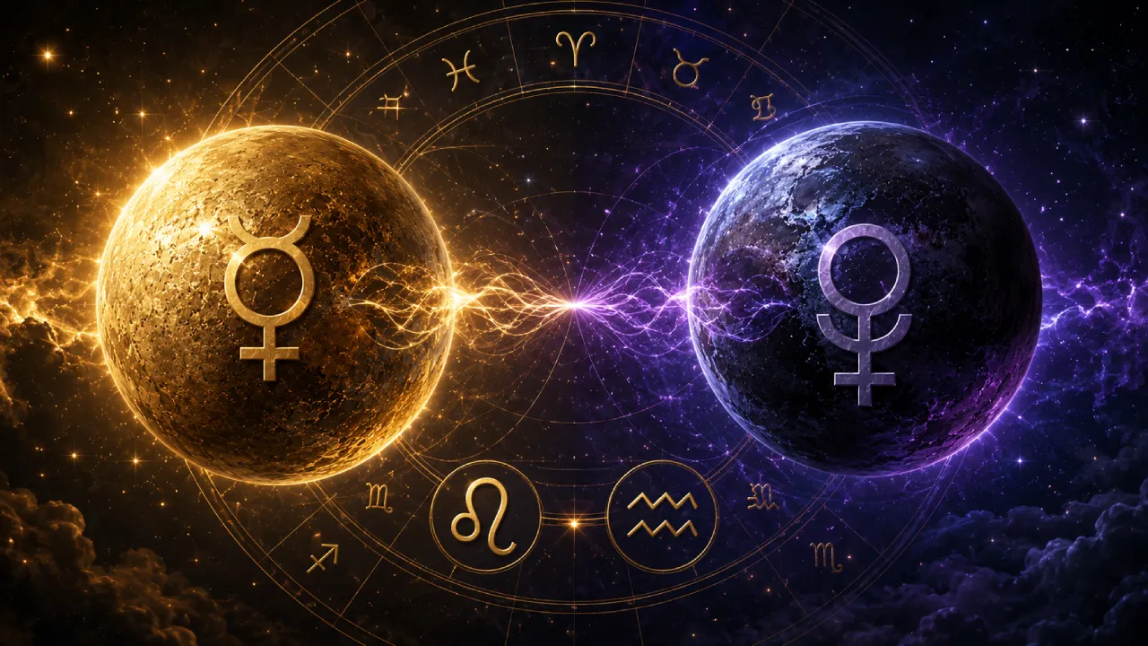 Imagem ilustrativa sobre Mercúrio oposto a Plutão em 12 de agosto de 2026, com representação dos dois astros, roda zodiacal e elementos que simbolizam comunicação e oposição Imagem ilustrativa sobre Mercúrio oposto a Plutão em 12 de agosto de 2026, com representação dos dois astros, roda zodiacal e elementos que simbolizam comunicação e oposição