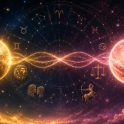 Imagem ilustrativa sobre Mercúrio em sextil com Vênus em 13 de agosto de 2026, com os dois astros, roda zodiacal e elementos luminosos representando diálogo e relacionamentos