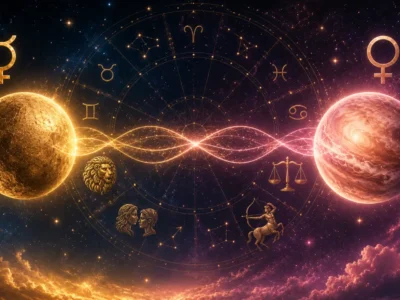 Imagem ilustrativa sobre Mercúrio em sextil com Vênus em 13 de agosto de 2026, com os dois astros, roda zodiacal e elementos luminosos representando diálogo e relacionamentos