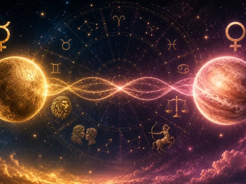 Imagem ilustrativa sobre Mercúrio em sextil com Vênus em 13 de agosto de 2026, com os dois astros, roda zodiacal e elementos luminosos representando diálogo e relacionamentos