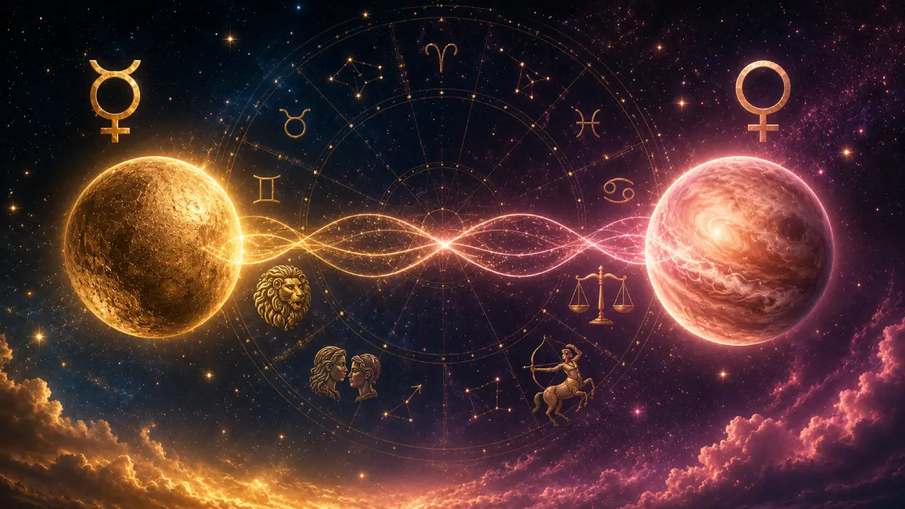 Imagem ilustrativa sobre Mercúrio em sextil com Vênus em 13 de agosto de 2026, com os dois astros, roda zodiacal e elementos luminosos representando diálogo e relacionamentos