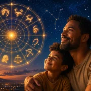 Imagem ilustrativa sobre o pai de cada signo no Dia dos Pais, com cenas de convivência entre pais e filhos e referências discretas aos signos do zodíaco