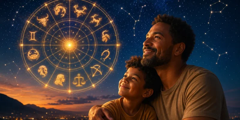 Imagem ilustrativa sobre o pai de cada signo no Dia dos Pais, com cenas de convivência entre pais e filhos e referências discretas aos signos do zodíaco