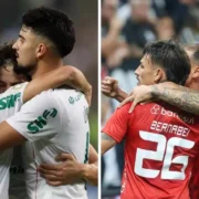 A esquerda da imagem estão jogadores do Palmeiras comemorando gol no Campeonato Brasileiro e a direita da imagem estão jogadores do Internacional comemorando gol pelo Campeonato Brasileiro