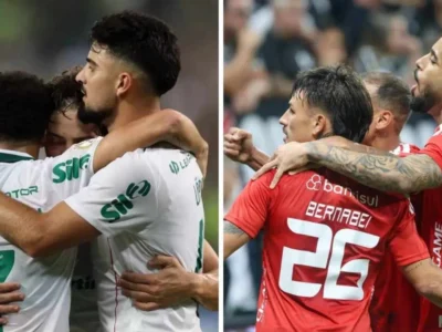 A esquerda da imagem estão jogadores do Palmeiras comemorando gol no Campeonato Brasileiro e a direita da imagem estão jogadores do Internacional comemorando gol pelo Campeonato Brasileiro