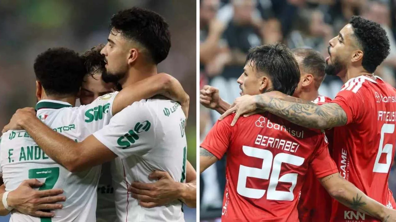 A esquerda da imagem estão jogadores do Palmeiras comemorando gol no Campeonato Brasileiro e a direita da imagem estão jogadores do Internacional comemorando gol pelo Campeonato Brasileiro A esquerda da imagem estão jogadores do Palmeiras comemorando gol no Campeonato Brasileiro e a direita da imagem estão jogadores do Internacional comemorando gol pelo Campeonato Brasileiro
