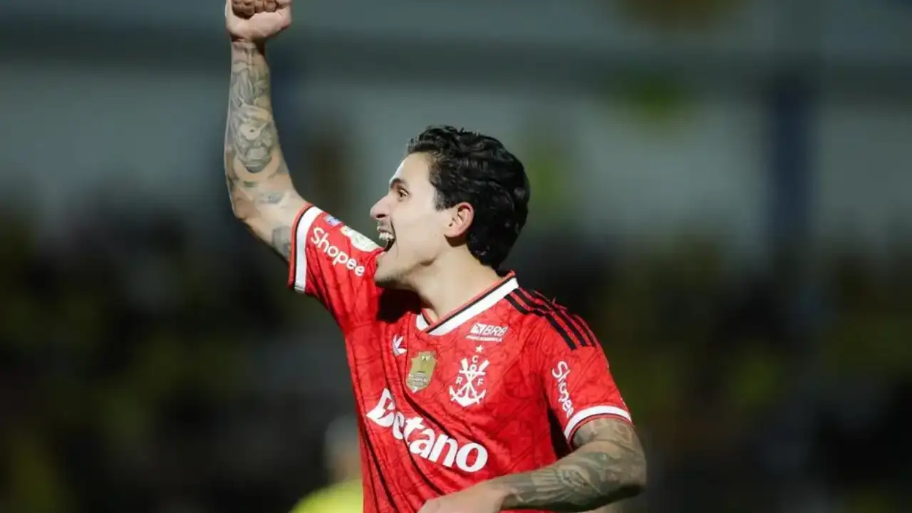 Pedro, atacante do Flamengo, comemora após marcar pelo Rubro-Negro no Campeonato Brasileiro Pedro, atacante do Flamengo, comemora após marcar pelo Rubro-Negro no Campeonato Brasileiro