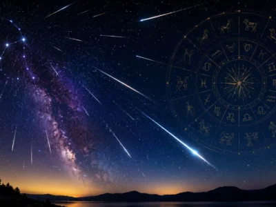 Imagem ilustrativa da chuva de meteoros Perseidas de 2026, com rastros luminosos no céu noturno e referência zodiacal discreta para matéria sobre astronomia e astrologia