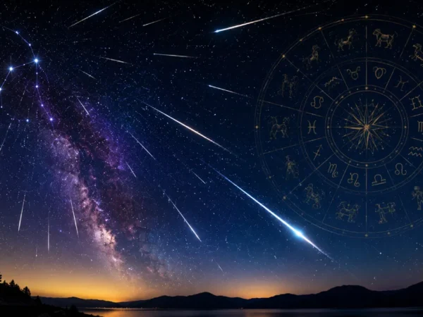 Imagem ilustrativa da chuva de meteoros Perseidas de 2026, com rastros luminosos no céu noturno e referência zodiacal discreta para matéria sobre astronomia e astrologia