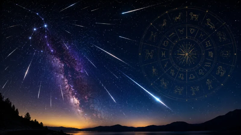 Imagem ilustrativa da chuva de meteoros Perseidas de 2026, com rastros luminosos no céu noturno e referência zodiacal discreta para matéria sobre astronomia e astrologia