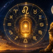 Imagem ilustrativa sobre o Portal de Leão 8/8, com roda zodiacal, símbolos dos 12 signos, céu estrelado e elementos celestes em composição azul e dourada