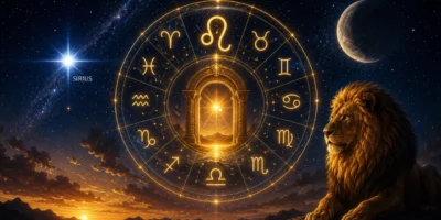 Imagem ilustrativa sobre o Portal de Leão 8/8, com roda zodiacal, símbolos dos 12 signos, céu estrelado e elementos celestes em composição azul e dourada